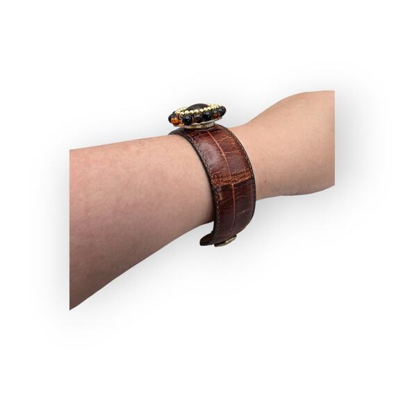 Amber Glass Beaded Center – Brown Faux Leather Wide Cuff Bracelet - Picture 4 of 9